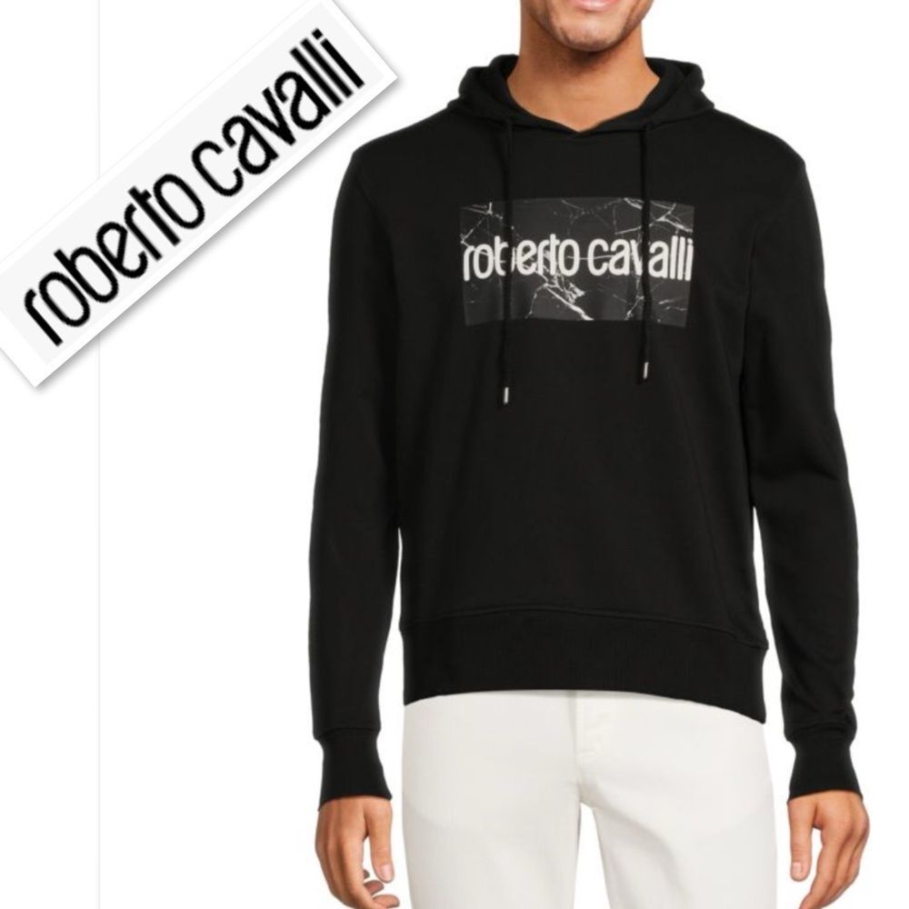 ROBERTO CAVALLI  Graphic Print Logo Front Cotton Blend Hoodie In Black Size. L